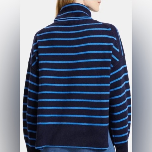 THEORY Luscious Striped Navy/Sky Blue Turtleneck in Wool-Cashmere Size Small - Picture 2 of 9